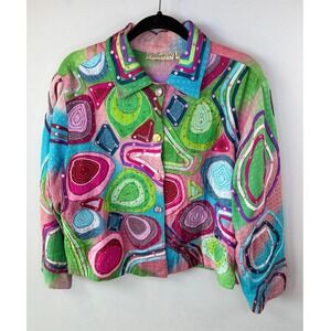 Pushpa Vintage Women's Embroidered Sequin Jacket Colorful Abstract Art Size L